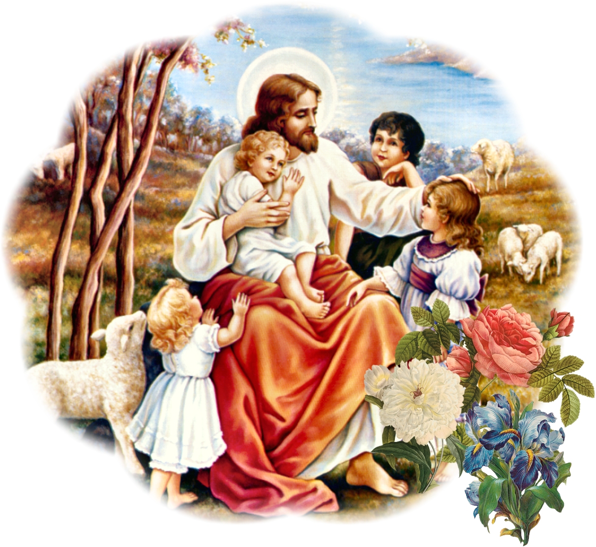 JESUS WITH CHILDREN AND SHEEP