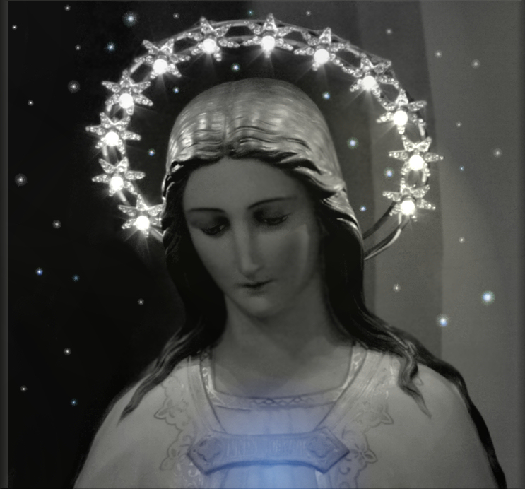 BLACK AND WHITE STATUE OF MARY WITH LIGHTS