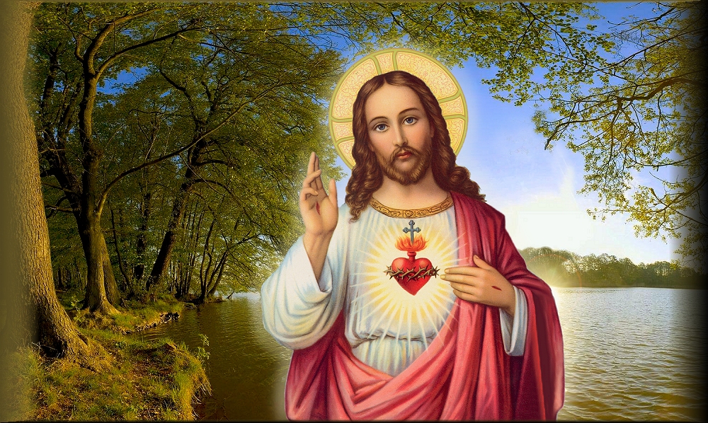THE SACRED HEART ON SCENIC BACKGROUND